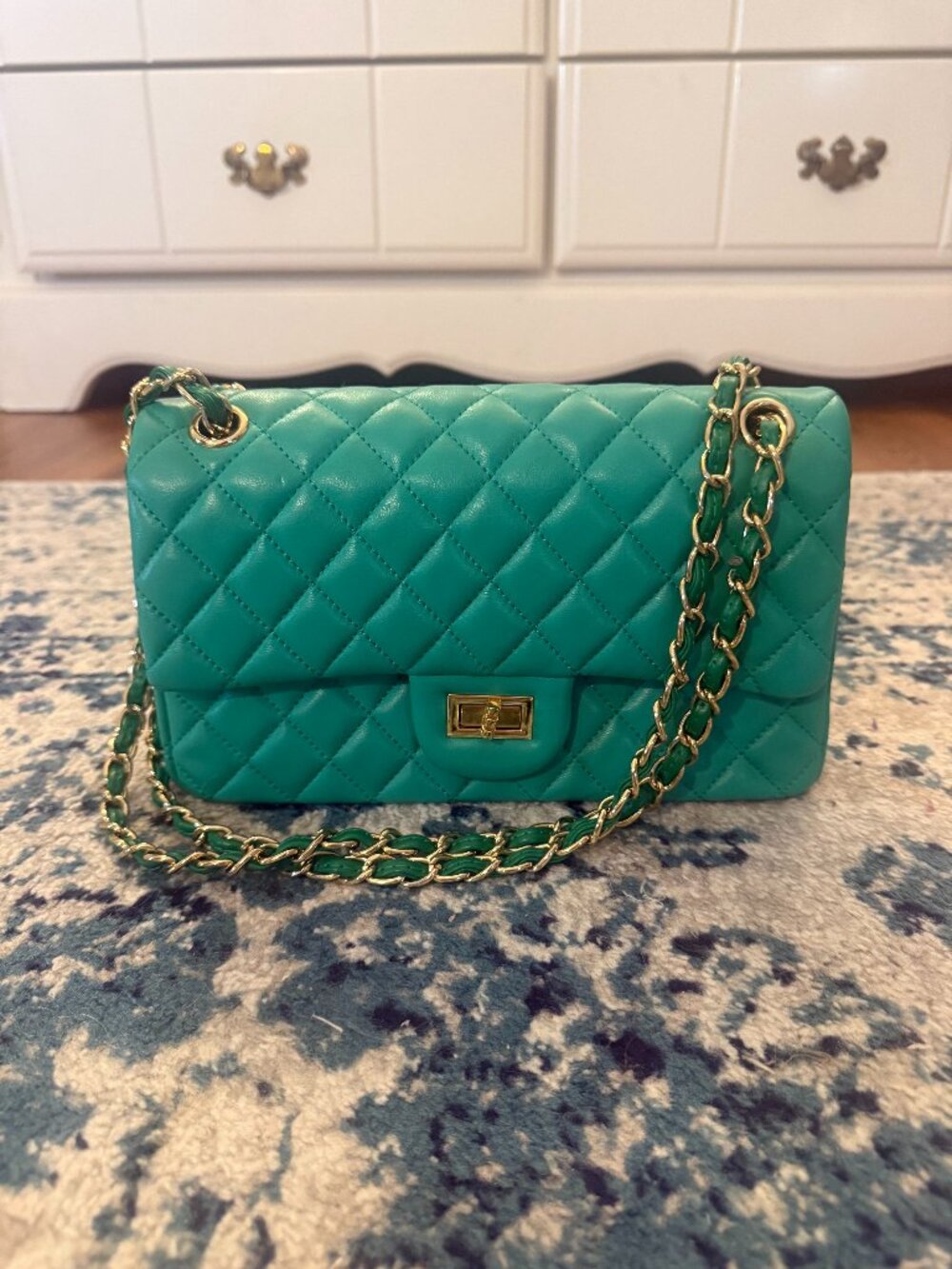 Turquoise Quilted Leather Bag with Gold Chain